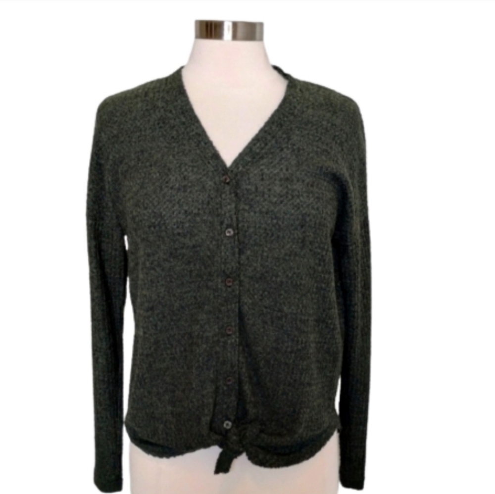 Pink Rose Top Waffle Knit V-Neck Green Medium